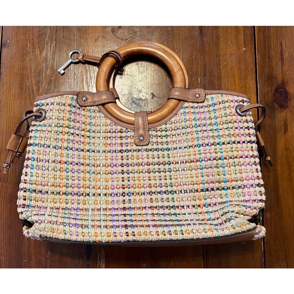 Fossil women's woven fabric handbag with circular handles, medium size, leather